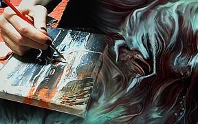 Photo of Ameshin painting an abstract sci-fi city on canvas.