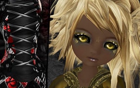 3D texture examples of a gothic patchwork dress on the left, on the right a dark skinned fantasy doll with golden eyes and hair.